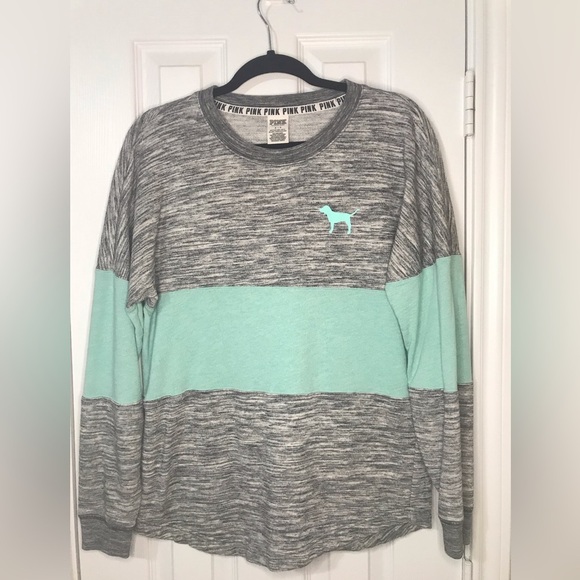 Victoria's Secret PINK Gray and Mint Green Long Sleeve Crew Neck Sweatshirt - Picture 2 of 4